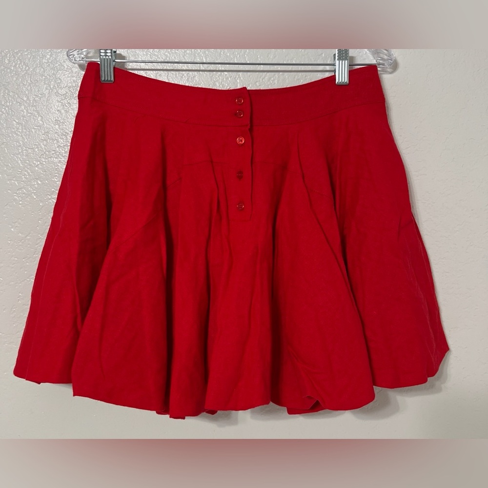 Avec Les Filles Red Linen Blend Mini Skirt Button Front Flowy A-Line Size M